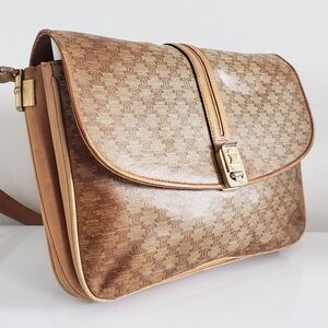 Vintage Celine Macadam Triomphe Clasp Bag - Tan Brown Monogram, Leather & Gold